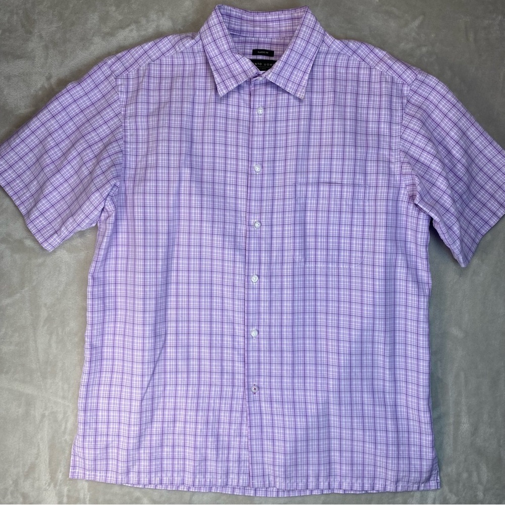 PRONTO-UOMO Men’s Large Short Sleeve Shirt Purple & White Plaid Classic Fit